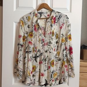 Pleated floral long sleeved peasant top blouse